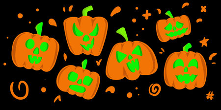Set of cartoon pumpkins with funny faces for your design for the holiday Halloween. Flat style vector illustration on white backgroundのイラスト素材