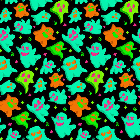 Happy halloween party seamless pattern background with cute ghost. Holidays cartoon character. Vector. Holiday backdrop for wrapping paper, fabric, textile, scrapbookのイラスト素材