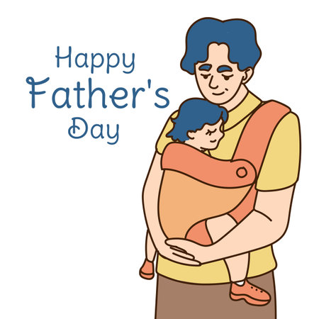 Happy Father s day greeting card. Dad carries his daughter in his arms Cheerful cartoon characters. Vector illustration.のイラスト素材