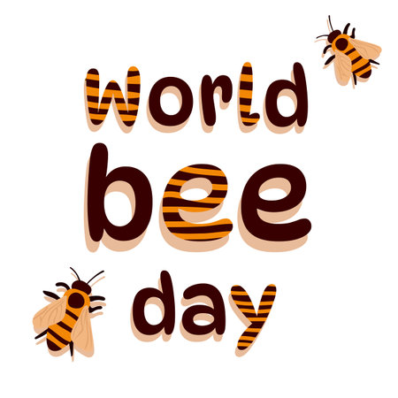 World Bee Day calligraphy hand lettering with cute cartoon bees. Easy to edit vector template for banner, poster, flyer, sticker, postcard, t-shirt, etcのイラスト素材
