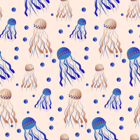Jellyfish pattern. Seamless print of cute colorful cartoon sea animal, transparent underwater creatures of different shapes and colors. Vector texture. Aquatic bright characters with bubblesのイラスト素材