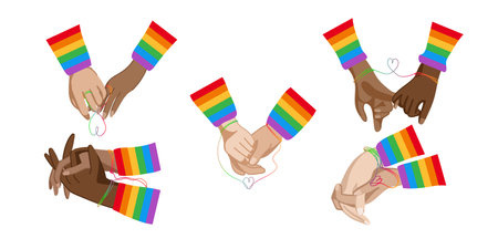 Vector set of LGBTQ community symbols, retro rainbow colored elements. Pride month stickers. LGBT flat style iconsのイラスト素材