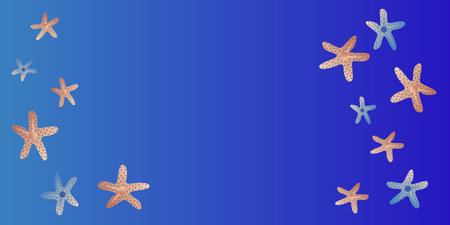 Background with various Starfishes pastel colors, vector illustration on blue backgroundのイラスト素材