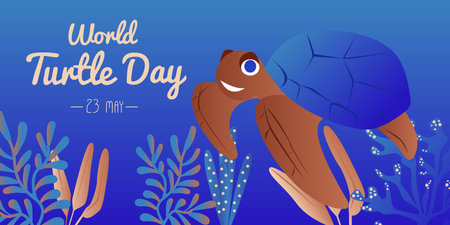 World Turtle Day 23 May background. Turtle swims in the ocean against the background of the sun. Vector illustration.のイラスト素材