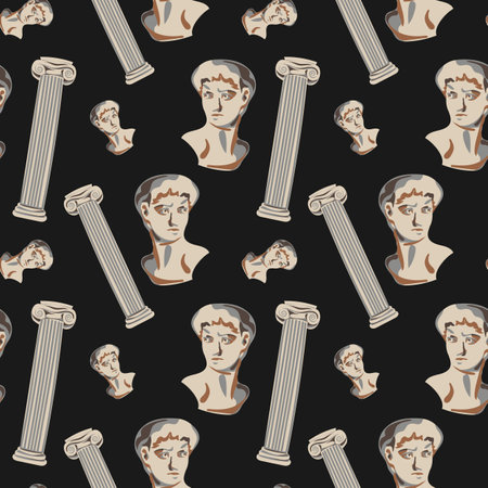 Museum seamless pattern. Vector. Historical museum. Statue and papyrus, column. Flat illustration for fabrics, wallpaper.のイラスト素材