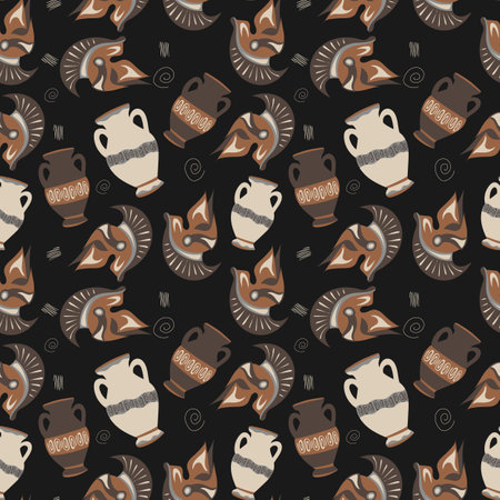 Museum seamless pattern. Vector. Historical museum. vase, Roman helmet Flat illustrationのイラスト素材