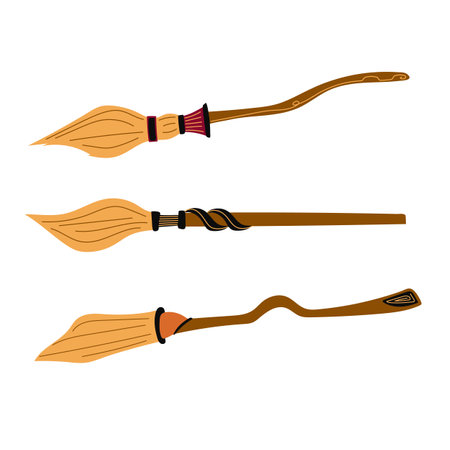 Collection of brooms. Concept cartoon broom in different. Halloween elements set. Vector clipart illustration isolated on white background.のイラスト素材