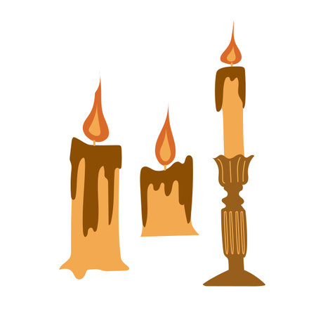 Set of vector cartoon vintage historical candles. Decorative candle for home. Fire and lightのイラスト素材