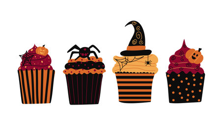 Halloween cupcakes. Spooky decorated muffins, themed small cakes for 31 October and scary dessert food cartoon vector illustration set of halloween cake muffin spooky.のイラスト素材
