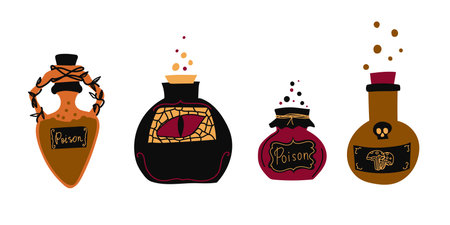 Witch s potion collection. Poison, drug, decoction. Magic bottled drinks. Cartoon style. Hand drawn vector illustration. Witch potion vial set. Happy Halloween.のイラスト素材