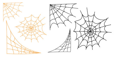Set of spider web for Halloween. Halloween cobweb, frames and borders, scary elements for decoration. Hand drawn spider web or cobweb with hanging spider. Vector.のイラスト素材