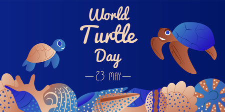 World Turtle Day 23 May background. Turtle swims in the ocean against the background of the sun. Vector illustration.のイラスト素材