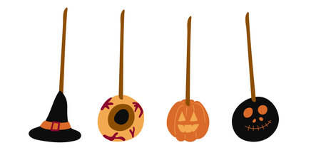 Halloween sweet lollipops, round hard sugar candies on stick. Vector cartoon set of caramel suckers with swirly patterns, bonbon on stick with pattern of stripes, eyeball and drips.のイラスト素材