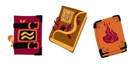 Magic book on astrology, magic tattoo for witch, book of spells and witchcraft. Hand drawn tattoo in bohemian design, vector illustration isolated on white backgroundのイラスト素材