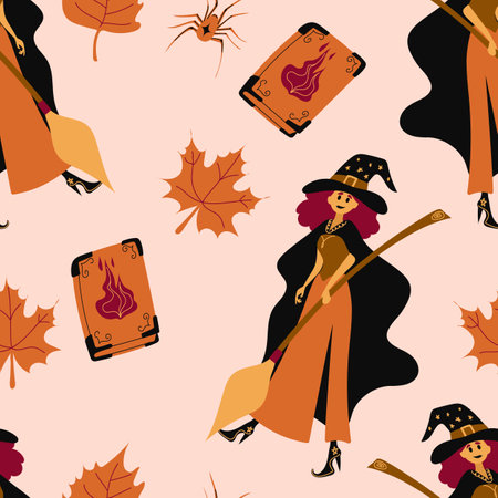 Seamless Halloween Pattern, Character Witch on a Broomstick and Flight Cartoon Ghosts, Tile Holiday Background. Vectorのイラスト素材