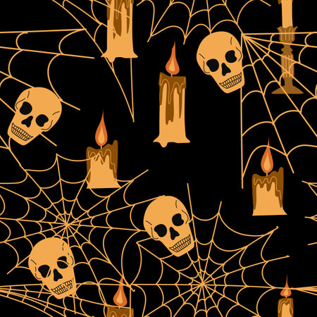 Halloween seamless pattern. Festive decoration of advertising and congratulatory products. Flat vector cartoon illustration. Objects isolated on dark backgroundのイラスト素材