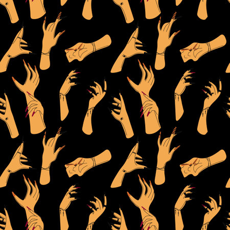 Vector seamless pattern with couple and single hands. Trendy background for design of fabric, packaging, phone case, astrology, wrapping paper.のイラスト素材
