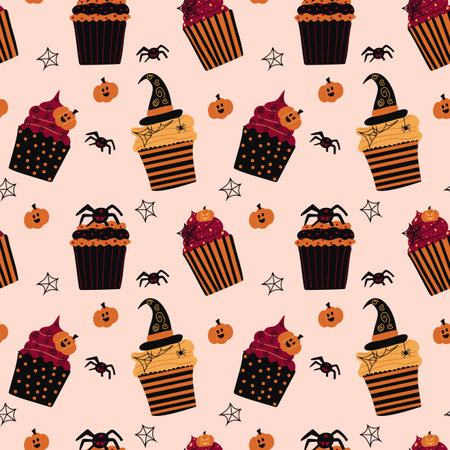 Halloween seamless pattern with cupcakes,traditional symbols.Marzipan Jack-o -lantern,chocolate raven,cobwebs and spiders,witch hat from fudge,vanilla cream,chocolate icing. Print for Halloween cardのイラスト素材