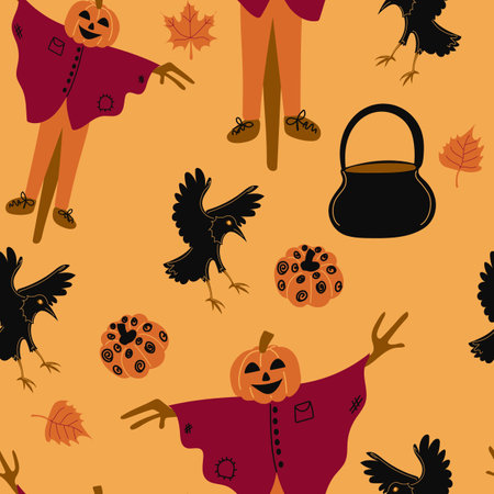 Halloween vector cartoon seamless pattern. Scarecrow, raven, pumpkin, and a witch s cauldron. Autumn festive background. Background for wallpaper, wrapping, packing, and backdropのイラスト素材