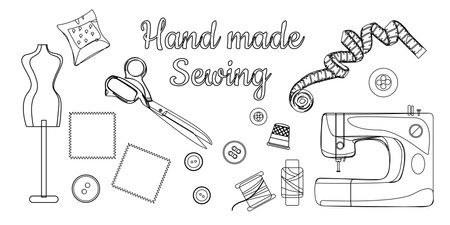 Needlework concept. Various sewing tools. Needles, scissors, yarn, sewing machine, buttons, spools, threads etc. Hand drawn colored vector set. Cartoon style, flat design. All elements are isolated.のイラスト素材