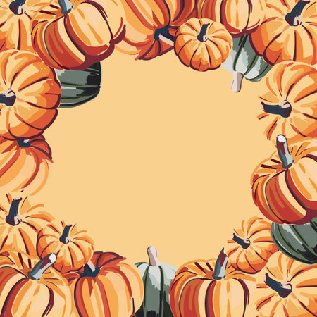 Autumn pumpkins border frame with space text. Seasonal floral maple oak tree orange leaves with gourds for thanksgiving holiday, harvest decoration vector designのイラスト素材