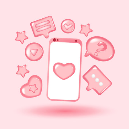 3D vector minimal social media with video and photo gallery on mobile phone, product photo optimization for 3d mobile phone concept. Image 3d display with device smartphone.のイラスト素材