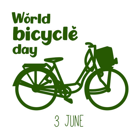 World Bicycle Day Poster with green bike silhouette vector. Green bicycle icon vector. Bike silhouette isolated on a green background. Bicycle Day Poster, June 3. Important day.のイラスト素材