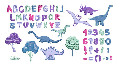 Dino collection with alphabet and numbers. Funny comic font in simple hand drawn cartoon style. Various dinosaur characters. Colorful isolated doodles on a white background.のイラスト素材