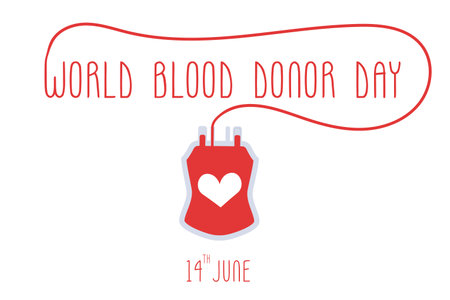World blood donor day. Words and a bag with tubes and a label. Postcard, banner.Vector design. Color urasky, black.のイラスト素材