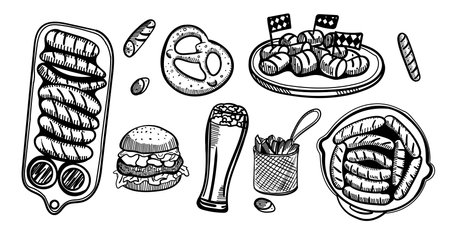 The composition of drinks and snacks. Set food and beer in a glass, mug, cup and jar. Hand drawing graphic strokes, lines Sketch for Oktoberfest or menu the restaurant, pub, bistro, snack bar, Vector.のイラスト素材