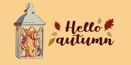 Hello autumn banner or greeting card for the autumn holiday. Pumpkins and inscriptions in a flat style. Vector seasonal illustrationのイラスト素材