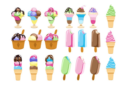 Collection of various multicolored ice cream icons. Vector illustration isolated on white background.のイラスト素材