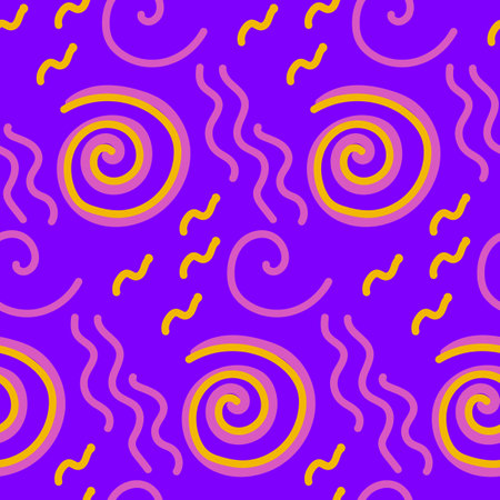 Seamless pattern squiggle scribble in 90s style. Bright colorful abstract doodle design with spiral, rounded shapes, geometric lines, curly. For textiles, paper, fabrics, wallpaper, wrapping, backdropのイラスト素材