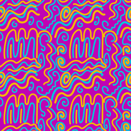 Seamless pattern squiggle scribble in 90s style. Bright colorful abstract doodle design with spiral, rounded shapes, geometric lines, curly. For textiles, paper, fabrics, wallpaper, wrapping, backdropのイラスト素材