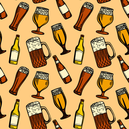 Vector seamless pattern with different beer glasses and mugs. illustration background in ink hand drawn styleのイラスト素材