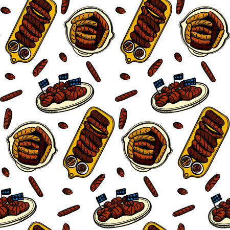 seamless pattern with sausages and sauces. illustration background in ink hand drawn style. Ideal for textiles, packaging, paper printing, simple backgrounds and textures. Vectorのイラスト素材