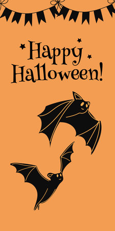 Happy Halloween. Vertical banners and wallpaper for social media stories. Cute bats on an orange background and an inscription. Cute spooky design with fun elements. Vector illustration.のイラスト素材