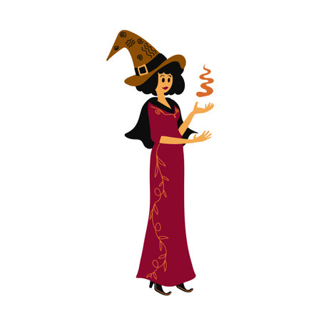 Cute witch with a broom in her hands. Vector illustration. Decorative element for Halloweenのイラスト素材