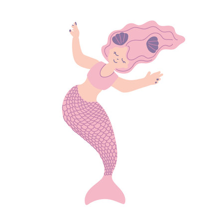 Pretty mermaid for t shirts and fabrics or kids fashion artworks, children books. Fashion illustration drawing in modern style. Cute Mermaid. Girl print. vector flat illustrationのイラスト素材