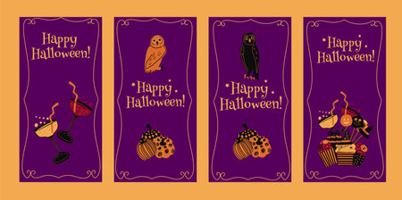Happy Halloween. Vertical banners and wallpaper for social media stories. Set of 4 banners. Cute spooky design with fun elements. Vector illustration.のイラスト素材