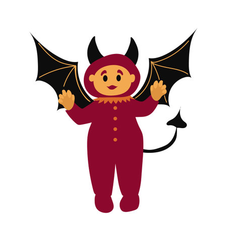 Halloween devil boy in a funny costume. Flat male demon kid in a red costume with horns, a trident, and pumpkin for trick or treat. Vector illustration. Flat styleのイラスト素材