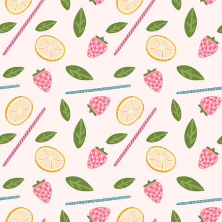 Cocktail seamless pattern. Mojito texture. Lemon, strawberries, and mint. Nice illustration for wrapping paper, decoration, textile Vector Illustrationのイラスト素材