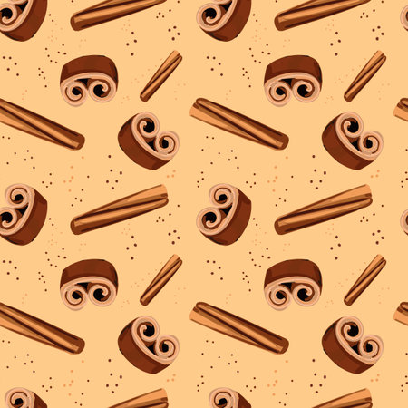 Cinnamon Seamless pattern with cinnamon sticks bark. background with brown spice aromatic ingredient. For packaging, textile, print, template, cards. Hand drawn ornament. Vector illustration.のイラスト素材