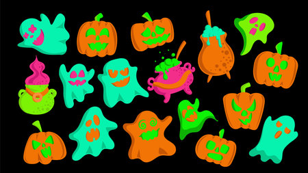 Cartoon set of Halloween ghosts and Pumpkin on dark background. Spooky neon spirit characters. Scary holiday decorations. Vector illustration.のイラスト素材