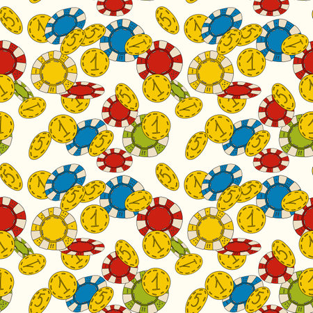 Pattern with casino chips.Vector seamless pattern with colored casino chips on a transparent background.のイラスト素材