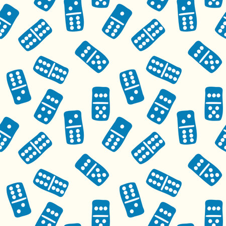Classic Dominoes. Board Game Vector Seamless Pattern for Kids. Blue Background with Scattered Domino Stones. Blue background, games, fun, entertainment, funny timeのイラスト素材