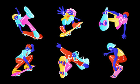 Skateboarder on black background set. Skateboarder in bright neon color t-shirt design. Vector illustration.のイラスト素材