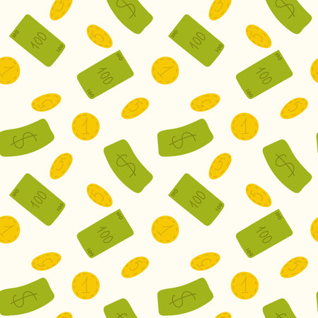 Money rain flat cartoon Seamless pattern. Green paper notes and gold coin flying in air. Money banknotes flying wite background, various banknotes, different coins. Money float. Vector illustrationのイラスト素材