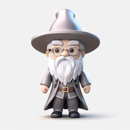 Fantasy wizard or bearded magician cartoon character in magic hat and robe creates magic or conjuresの写真素材