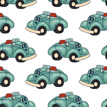 Retro car seamless pattern. Cartoon Transportation Background for Kids. Vector Seamless Pattern with doodle Toy Cars and Traffic signs.のイラスト素材